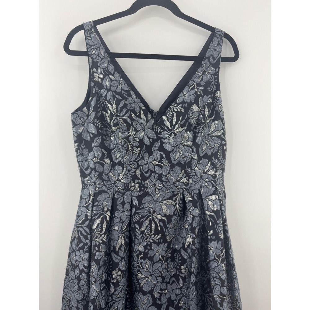 Theia Floral Slate Ball Gown Womens 10 Silver Blue Brocade Maxi Formal Evening - Picture 7 of 12